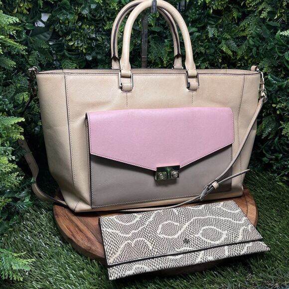 TORY BURCH HANDBAG T Lock E/W Tote Beige Pink Color Block And Clutch‎ Purse - Picture 1 of 16